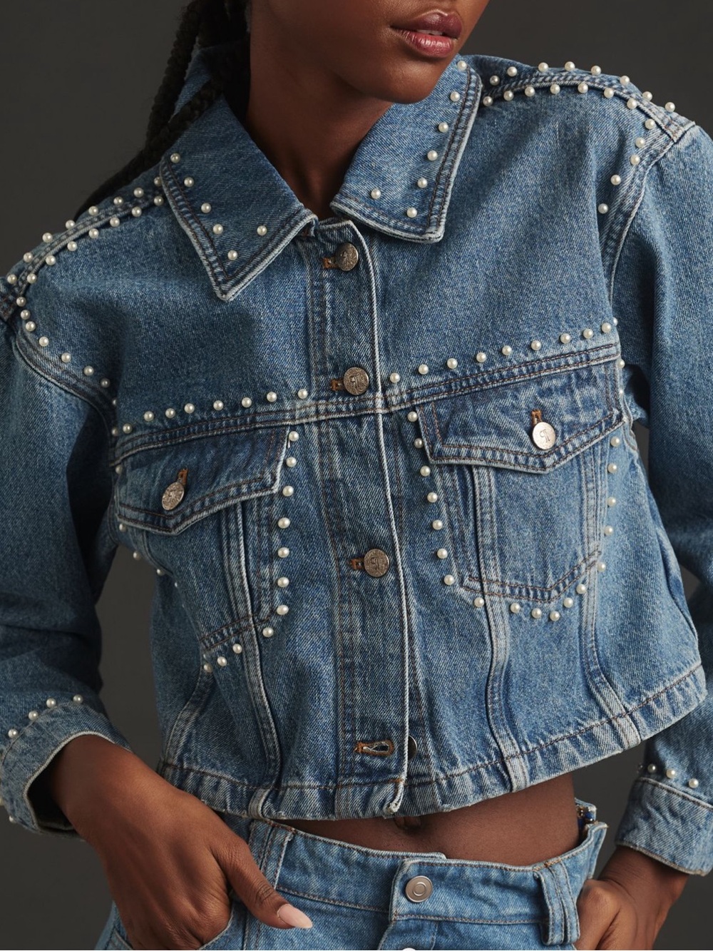 Anthropologie Denim Pearl-Embellished Cropped Denim Jacket